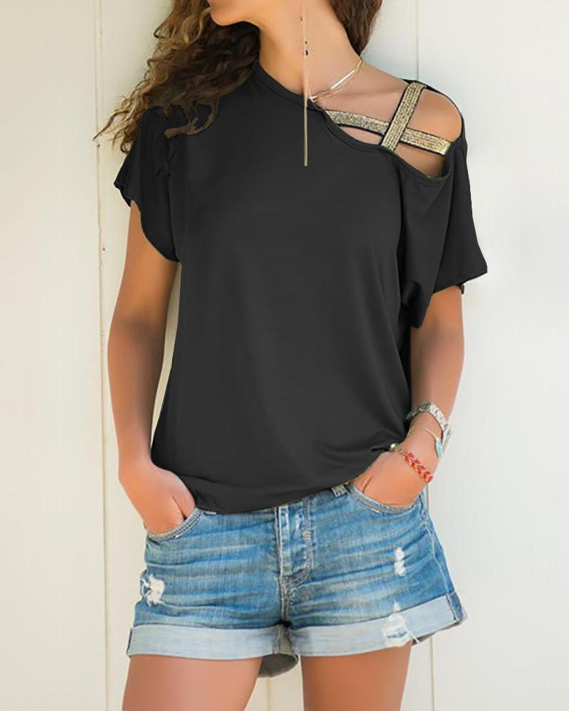 

Solid Crisscross One Shoulder T-Shirt, Black