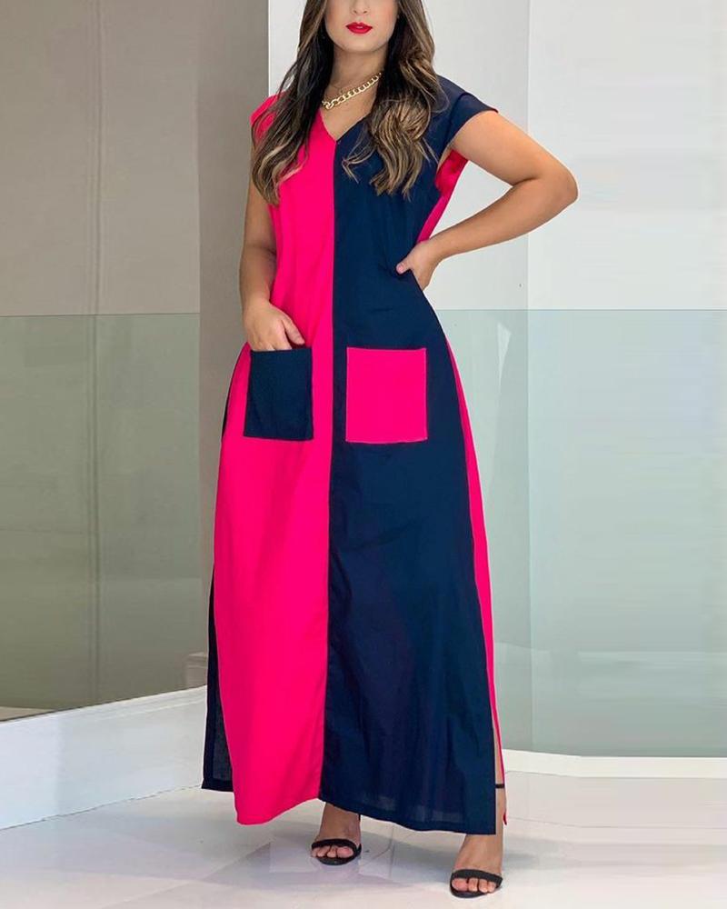 

Color Block Sleeveless Maxi Dress With Pockets, Hot pink