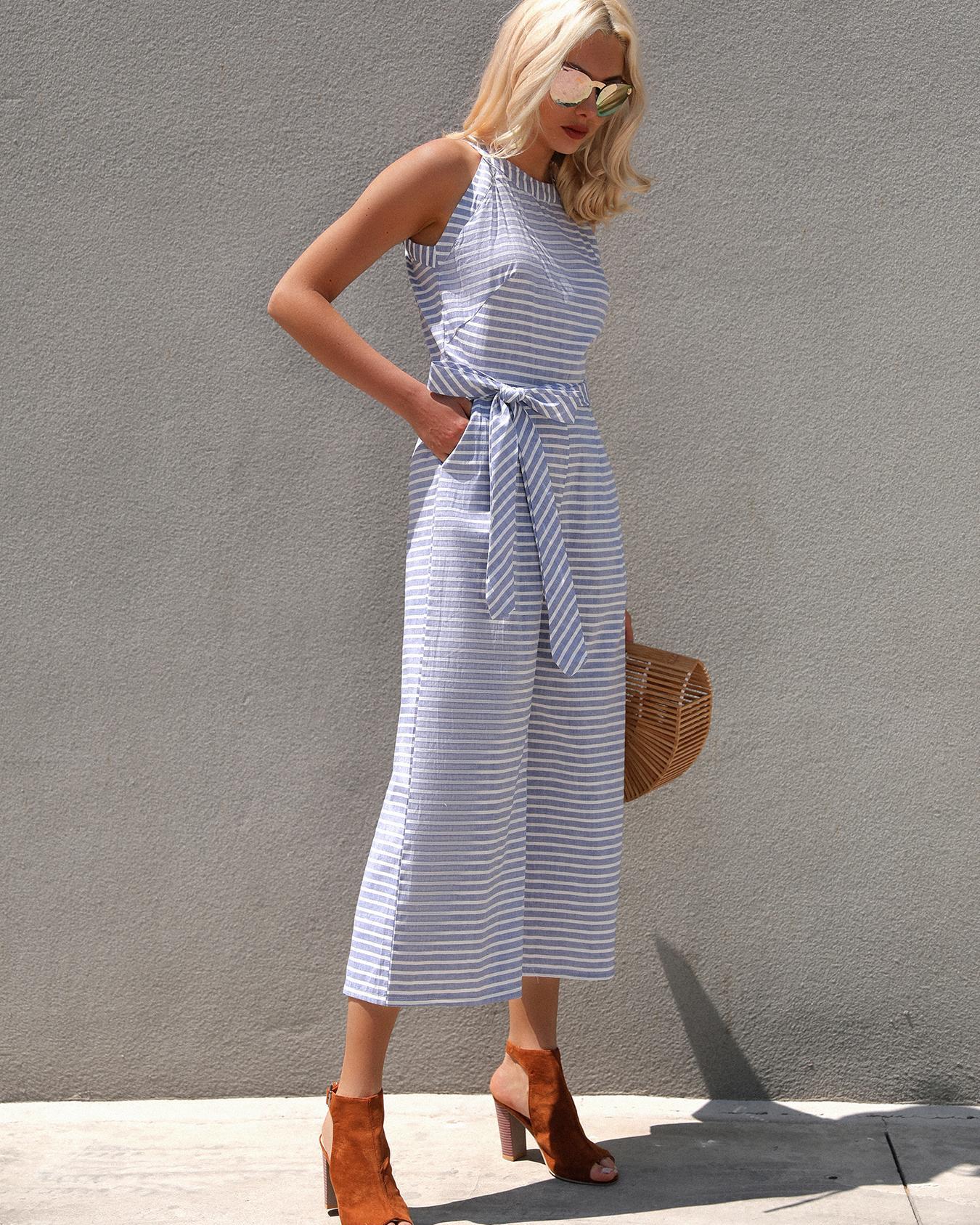 

Striped Waist Belted Wide Leg Jumpsuit, Blue