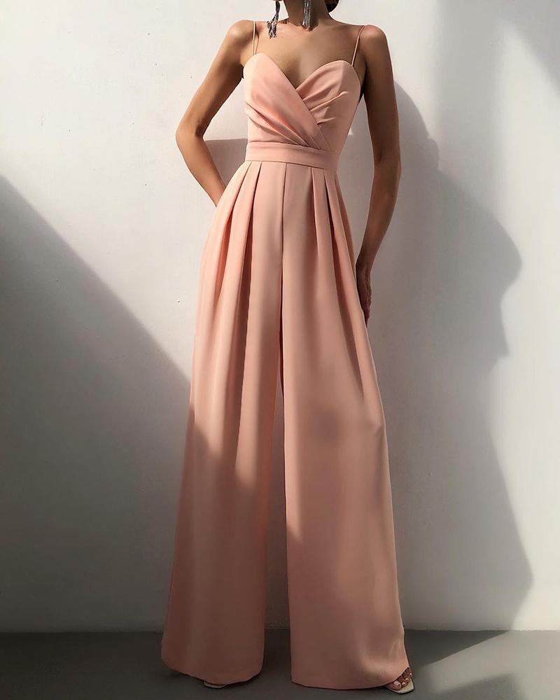 

Ruched Spaghetti Strap Wide Leg Jumpsuit, Pink