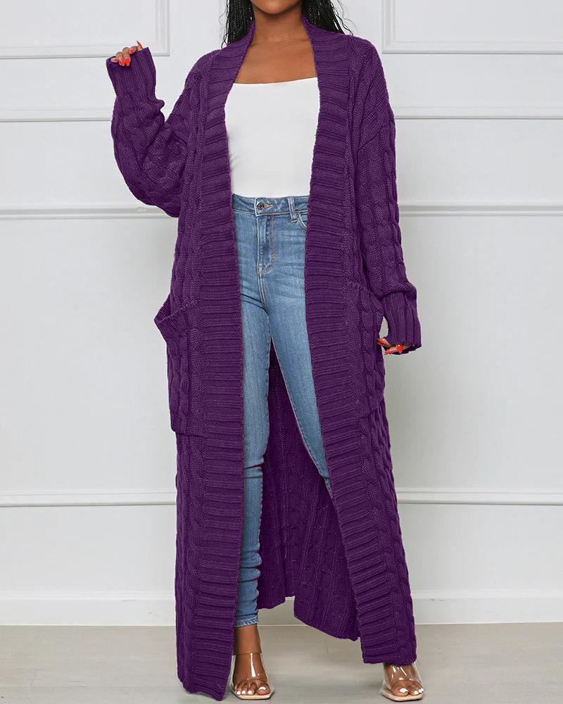 

Pocket Design Cable Longline Knit Cardigan, Purple