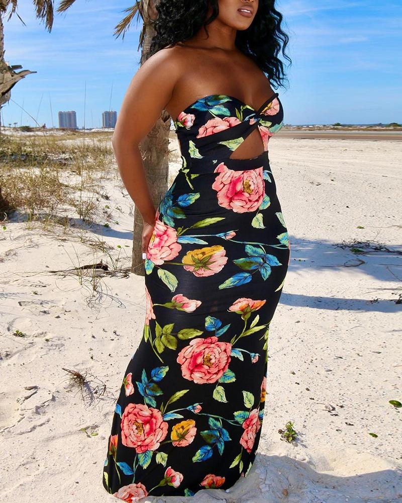 

Plus Size Floral Print Bandeau Twisted Maxi Dress, Black