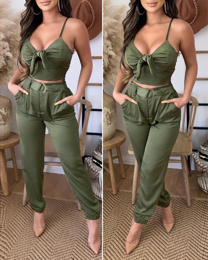 

Tied Detail Crop Cami Top & Cuffed Pants Set, Green