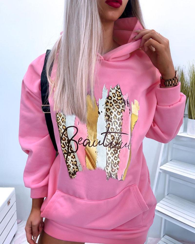 

Letter Leopard Print Drop Shoulder Hooded Sweatshirt Dress, Pink