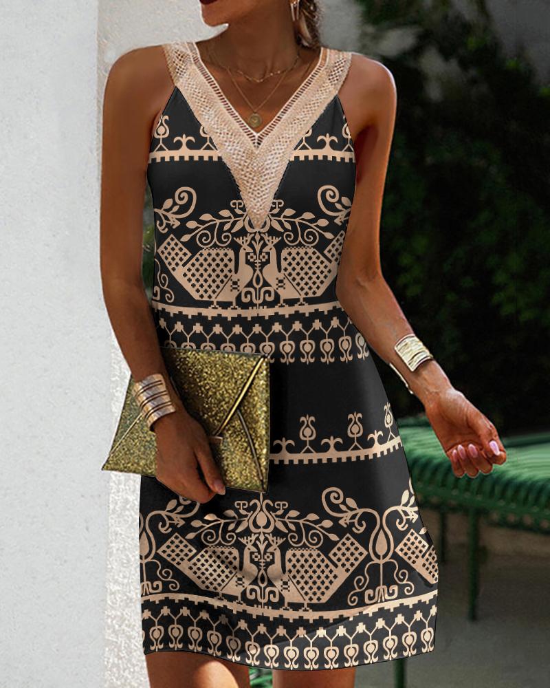 

Tribal Print Lace Patch Sleeveless Casual Dress, Black