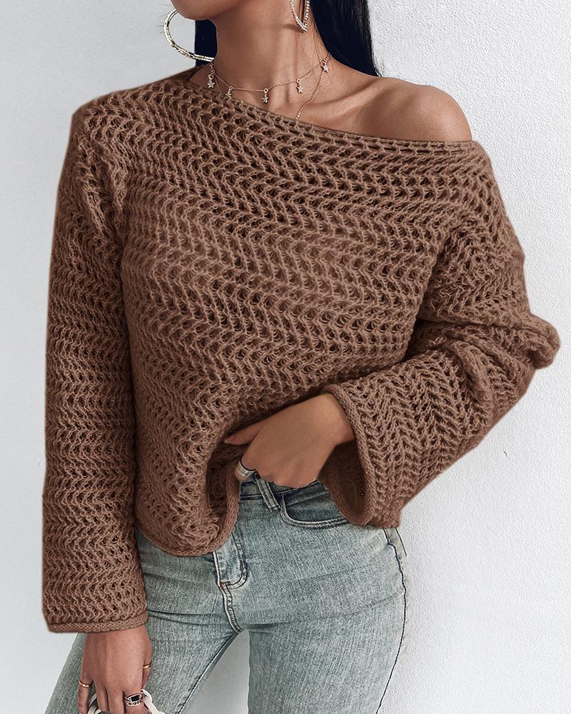 

Round Neck Long Sleeve Knit Sweater, Coffee