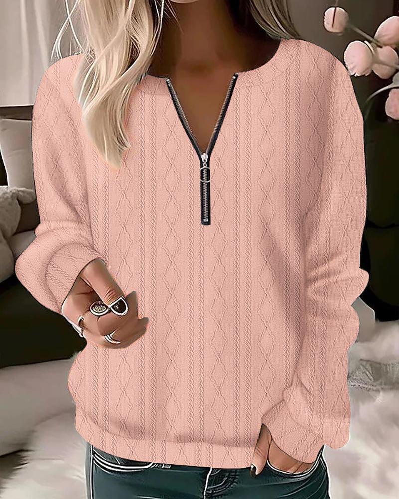 

Cable Textured Zipper Design Sweatshirt, Pink