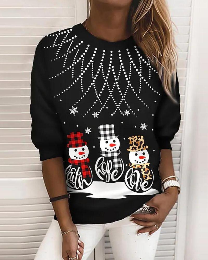 

Christmas Snowman Print Long Sleeve Sweatshirt, Black