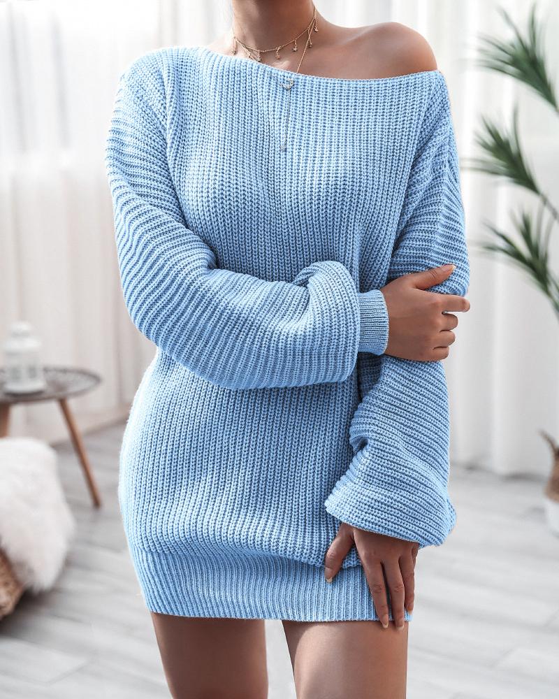 

Long Sleeve Knit Casual Sweater Dress, Blue