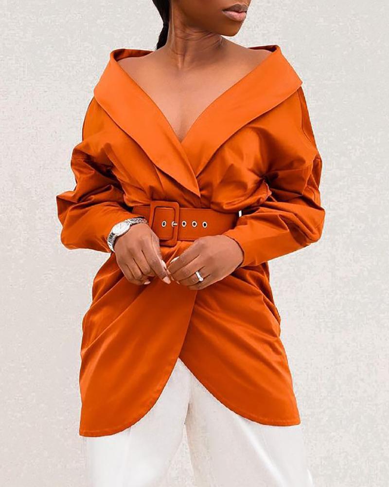 

Women' Long Sleeve Ruched Coat With Belt, Dark yellow