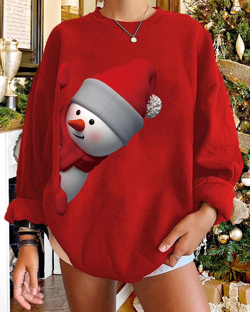 

Christmas Snowman Print Long Sleeve Sweatshirt Casual Loose Christmas Print Shirt Top, Red