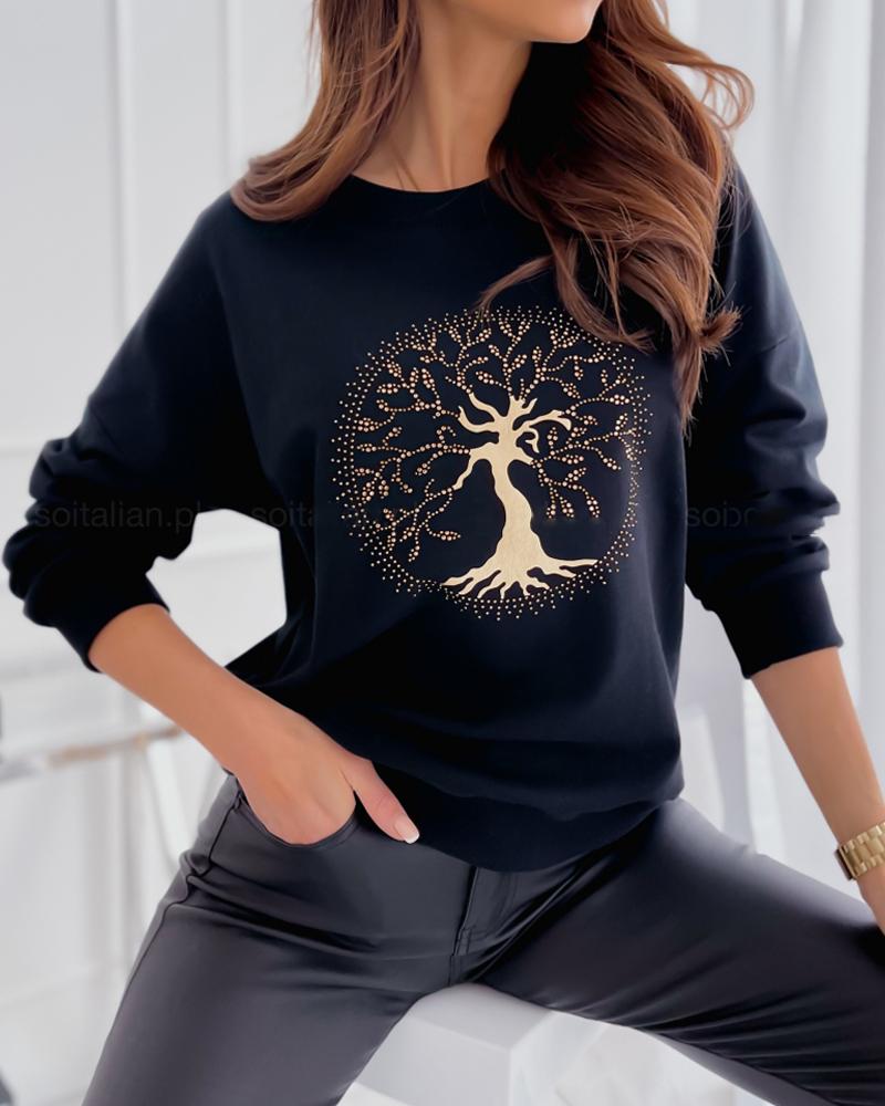 

Rhinestone Tree Pattern Long Sleeve Top, Black