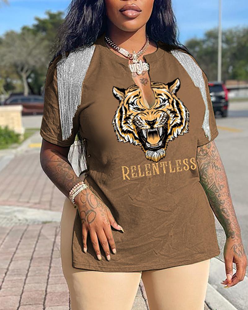 

Tiger Print Tassel Design Slit T-shirt, Coffee