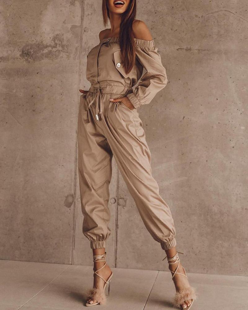 

Off Shoulder Pocket Design Drawstring Jumpsuit, Apricot