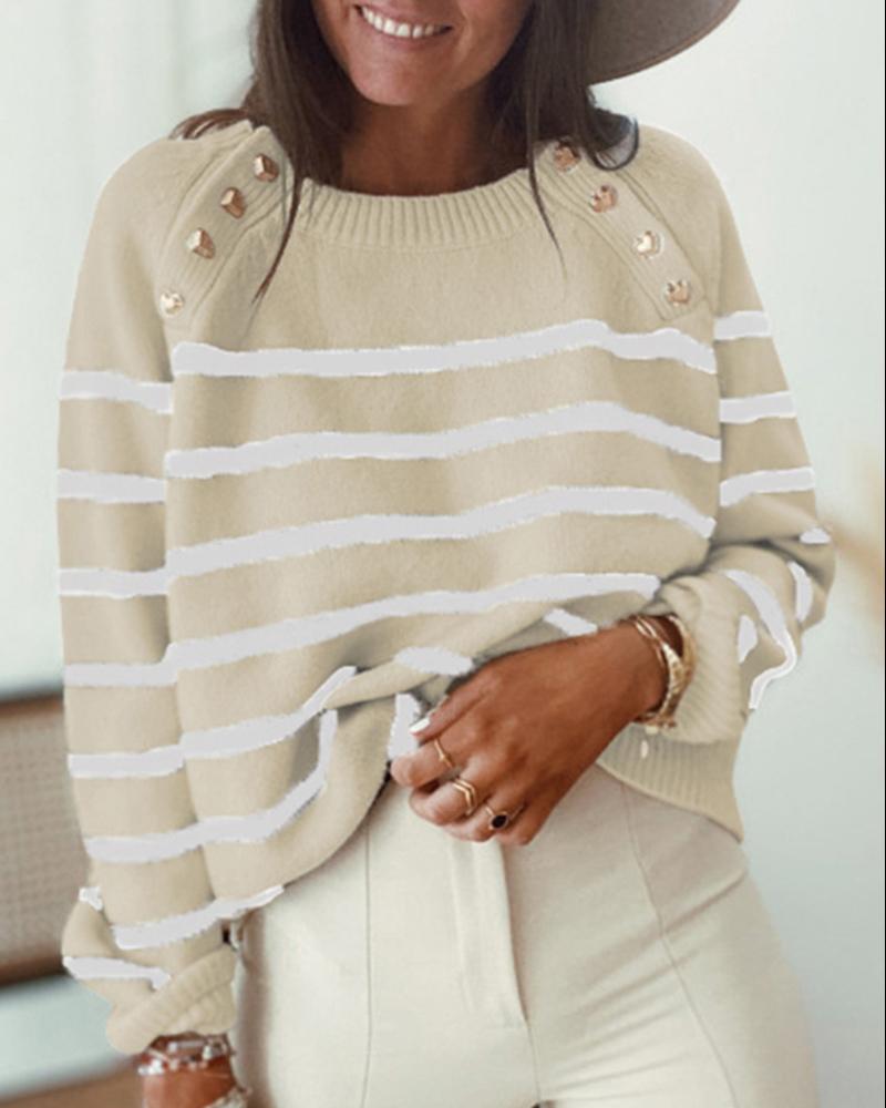 

Button Decor Striped Print Long Sleeve Sweater, Khaki