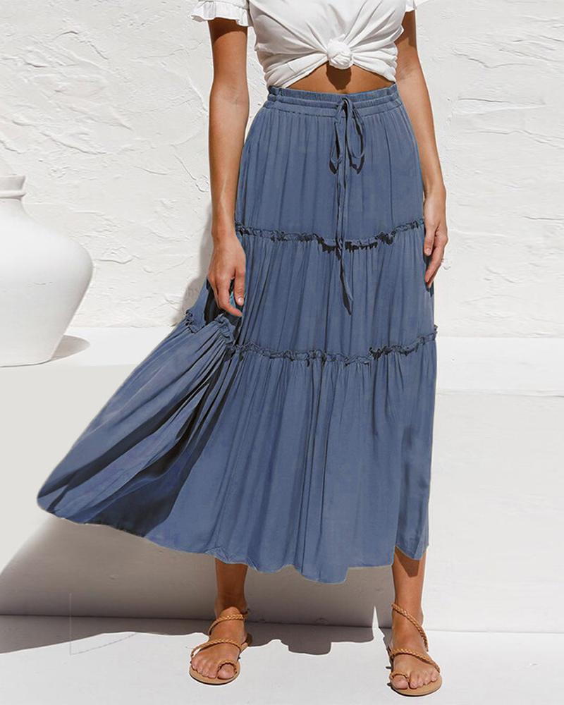 

Frill Hem Drawstring Flowy Skirt, Blue
