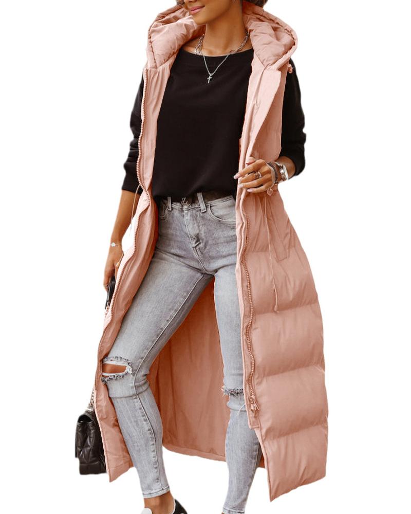 

Drawstring Sleeveless Hooded Quilted Puffer Coat, Pink