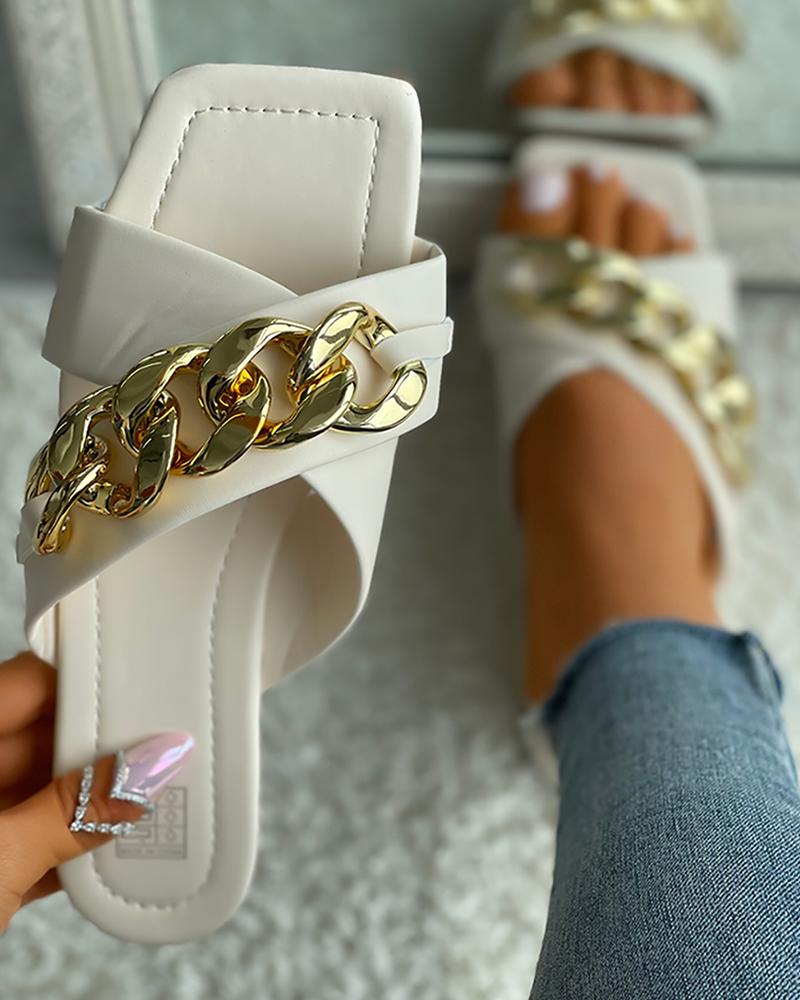 

Bandage Chain Decor Square Toe Slipper, White