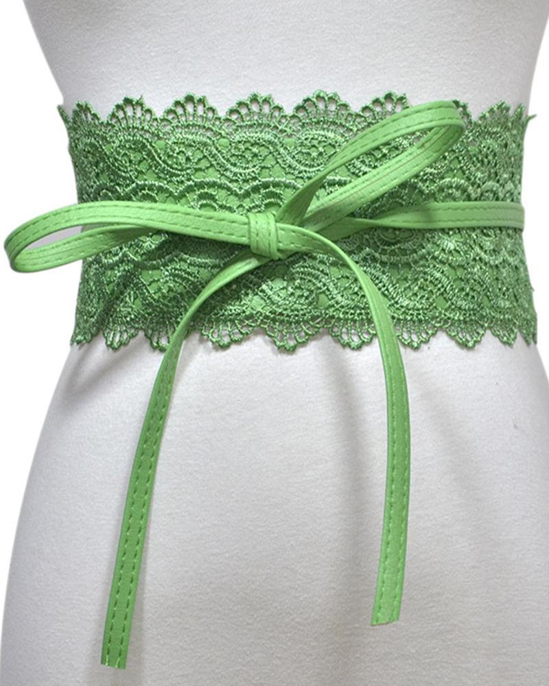 

Tied Detail Lace Trim Waist Belt, Green
