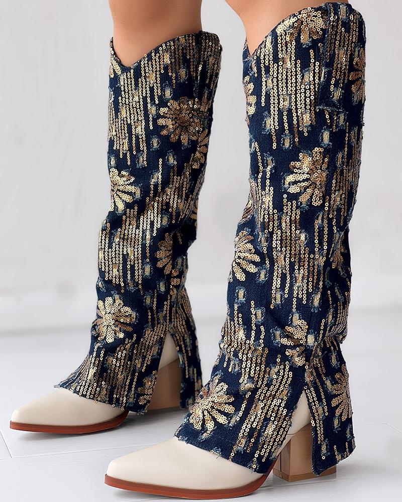 

Sequin Floral Pattern Slit Chunky Heel Denim Boots, Purplish blue