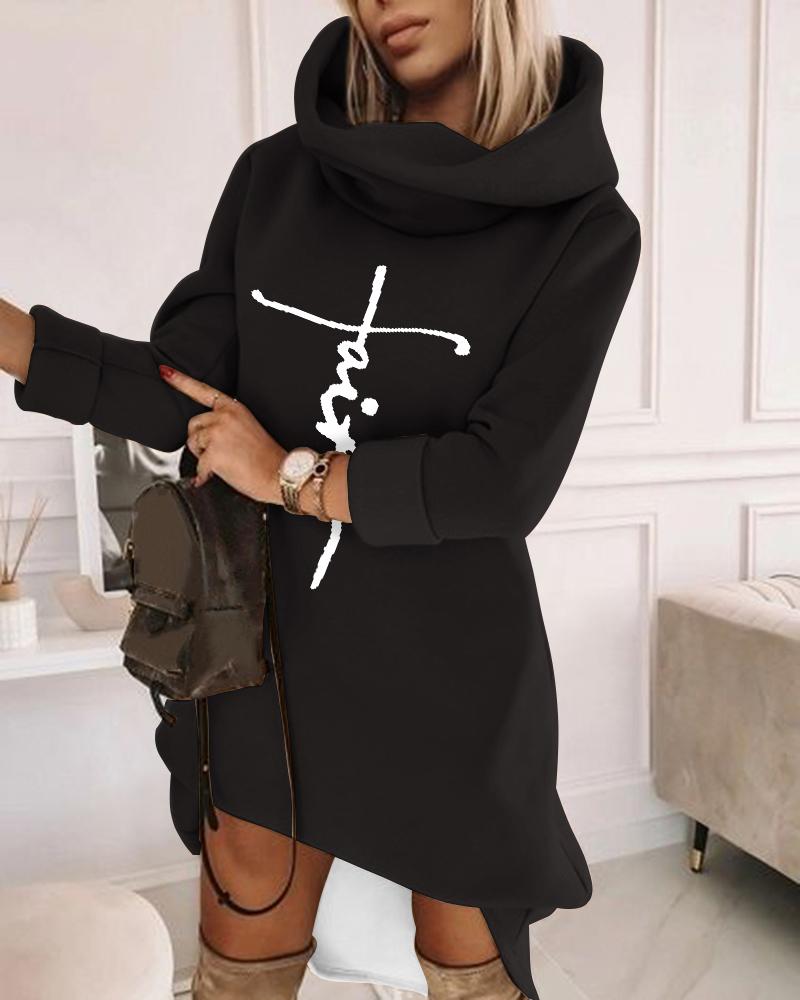 

Letter Print Long Sleeve Sweatshirt Dress, Black
