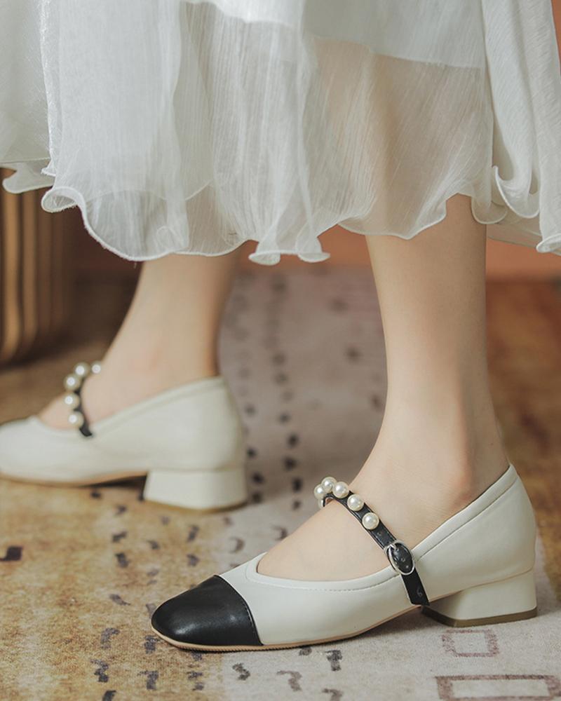

Square-toe Color Block Splicing Chain Jenny Shoes, Black