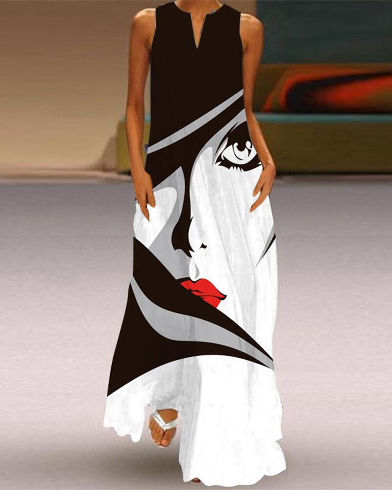 

Abstract Figure Print Sleeveless Maxi Dress, White