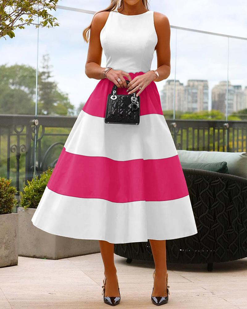 

Colorblock Patchwork Sleeveless Flared Dress, Rose red
