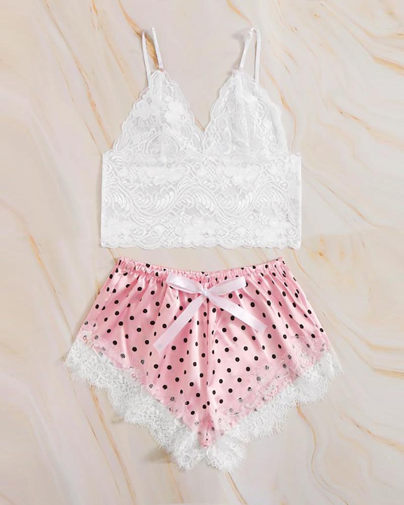 

Eyelash Lace Trim Satin Polkadot Print Cami Set, Pink