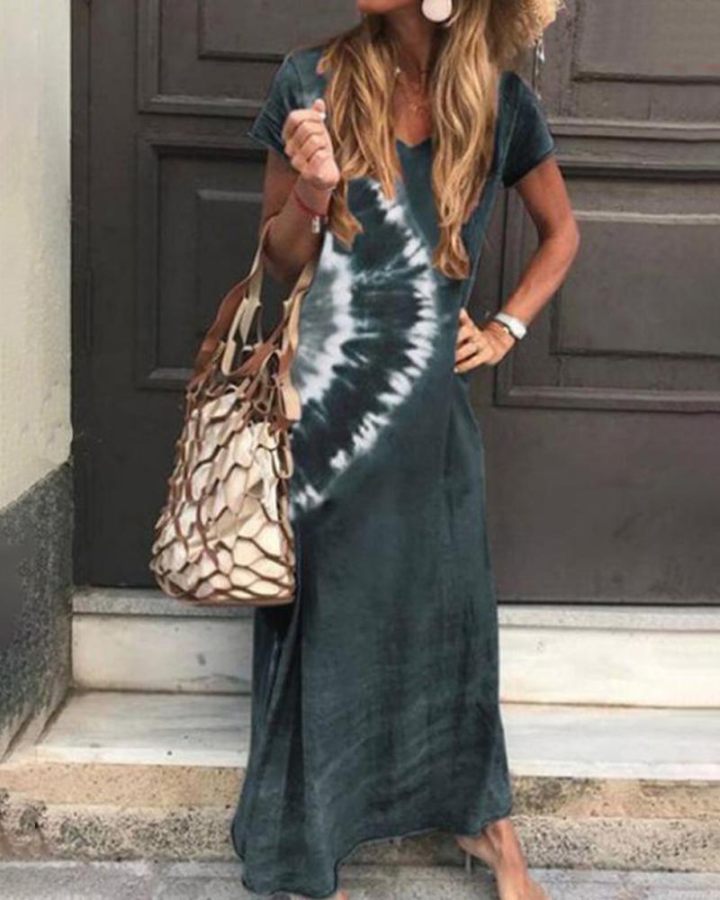 

Tie Dye Print Short Sleeve Casual Dress, Green