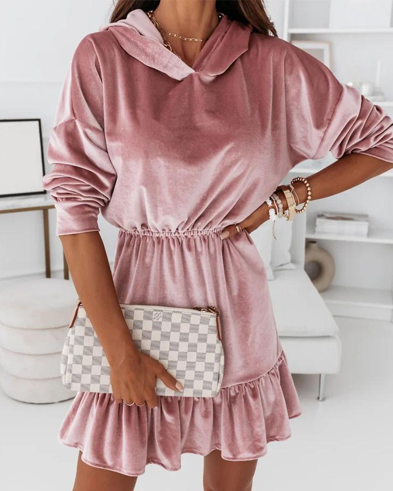 

Velvet Hooded Drop Shoulder Ruffle Hem Casual Dress, Pink