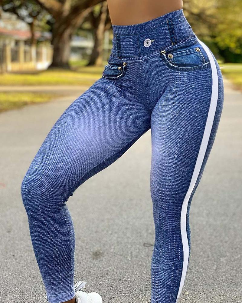 

Women' Leggings Faux Denim Printed High Waist Tummy Control Butt Lift Active Pants, Lighted blue