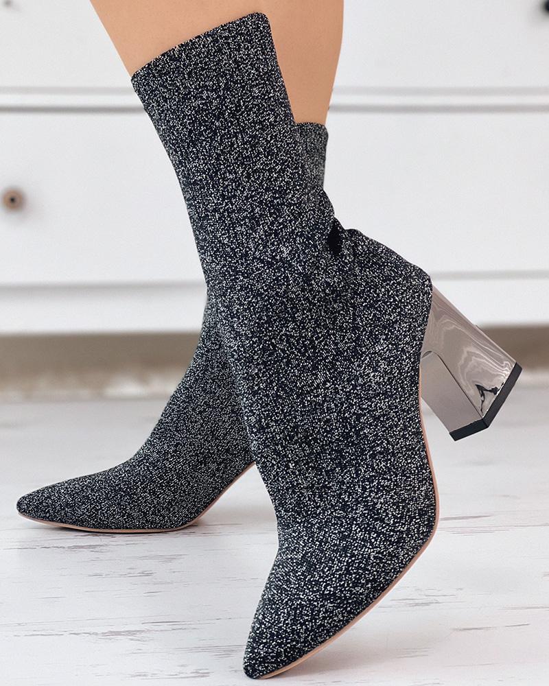 

Pointed Toe Chunky Ankle Boots, Silver&gray