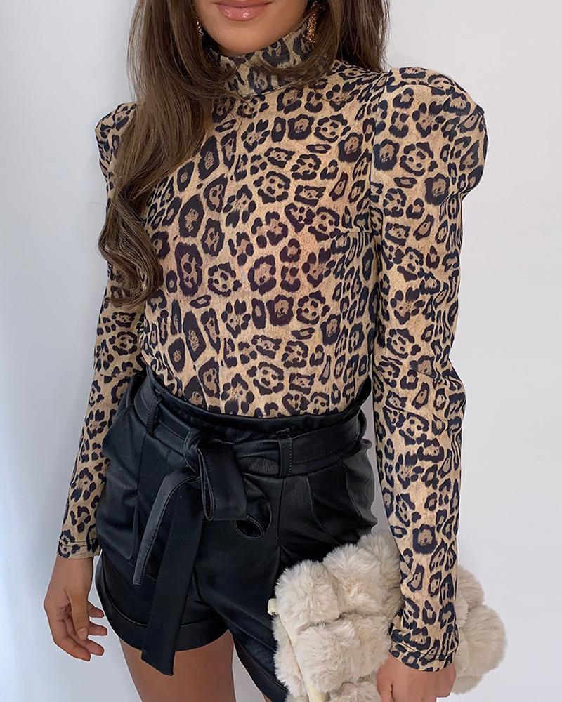 

High Neck Puff Sleeve Leopard Print Blouse