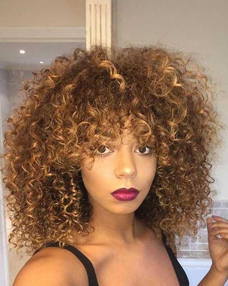 

14Inch Brown Blonde Mixed Hair Synthetic Short Curly Bangs Wig, Gold