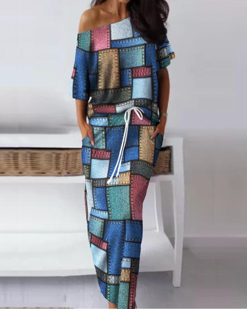 

Denim Look Print Skew Neck Top & Drawstring Skirt Set, Blue