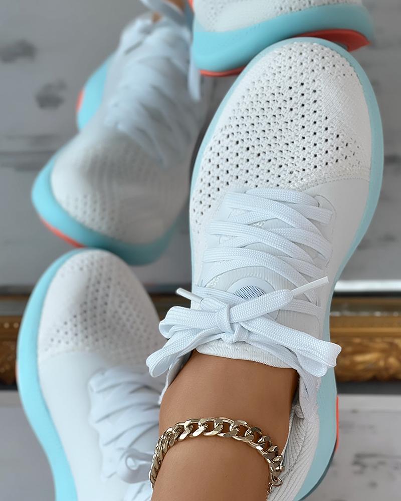 

Colorblock Breathable Lace-up Knit Sneakers, White&blue