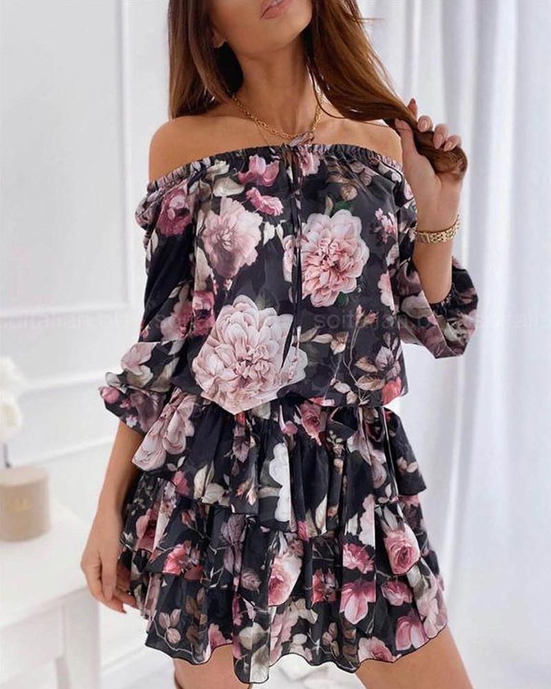 

Off Shoulder Floral Print Ruched Dress, Black