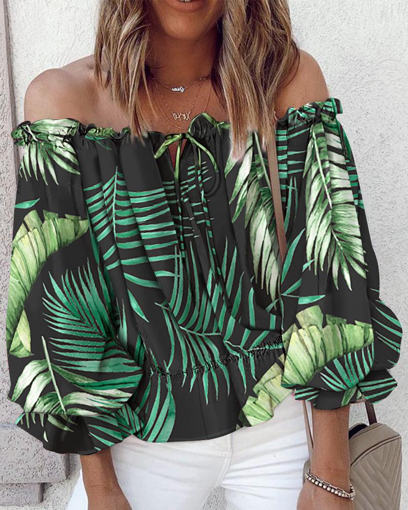 

Tropical Print Off Shoulder Lantern Sleeve Top, Black