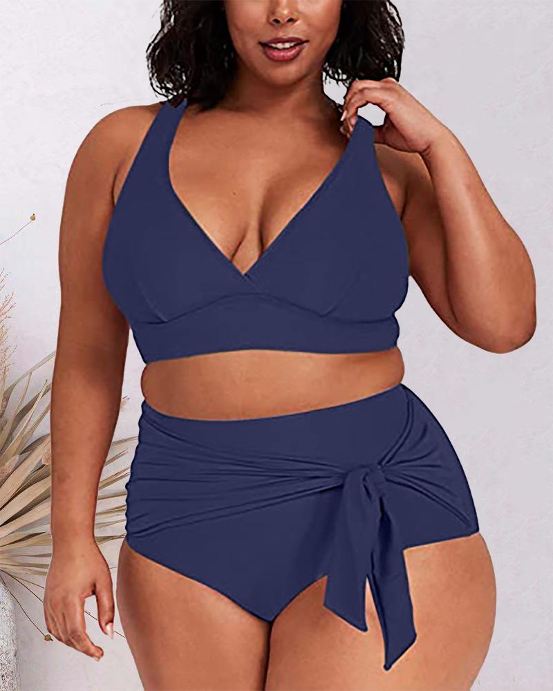 

Plus Size Tied Detail High Waist Bikini Set, Purplish blue