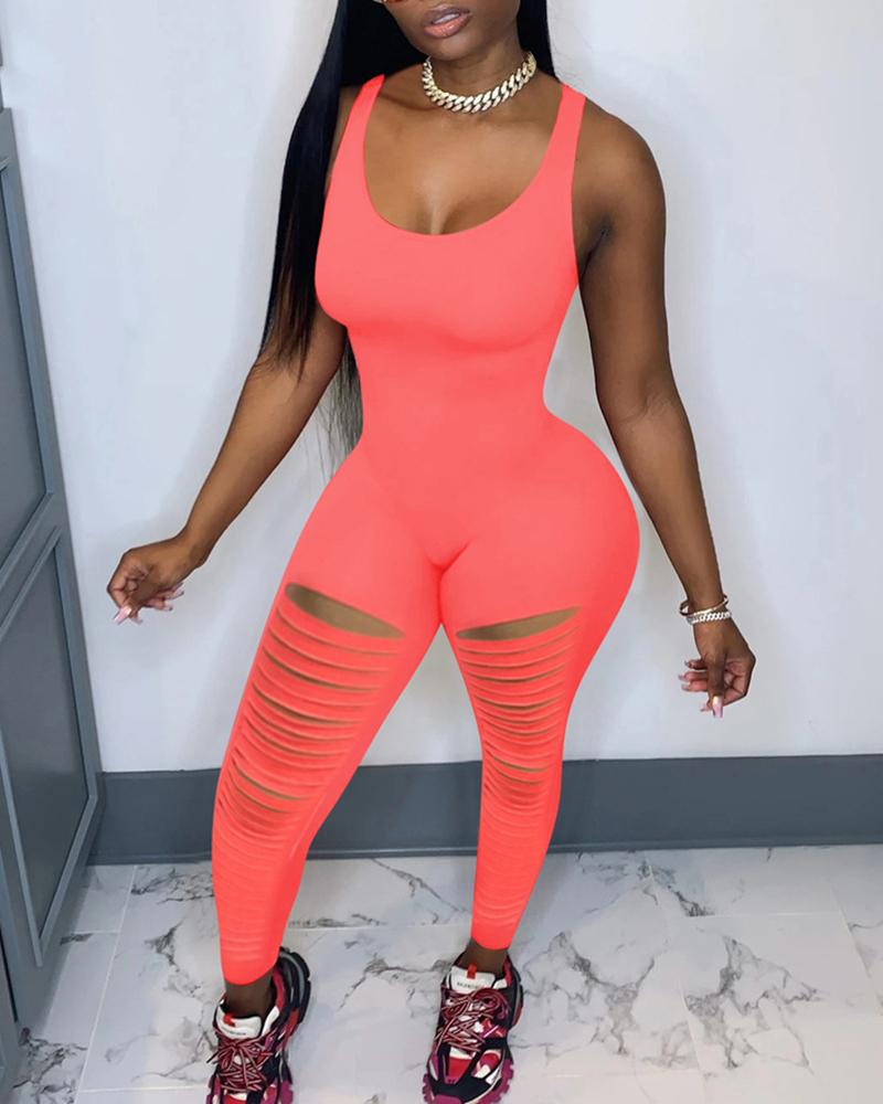 

Ladder Cutout Thick Strap Fitted Jumpsuit, Wine red
