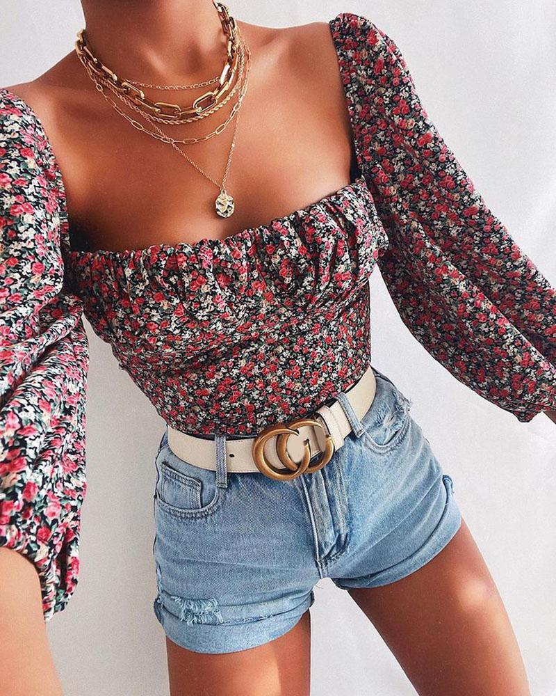 

Ditsy Floral Print Square Neck Ruched Blouse, Red