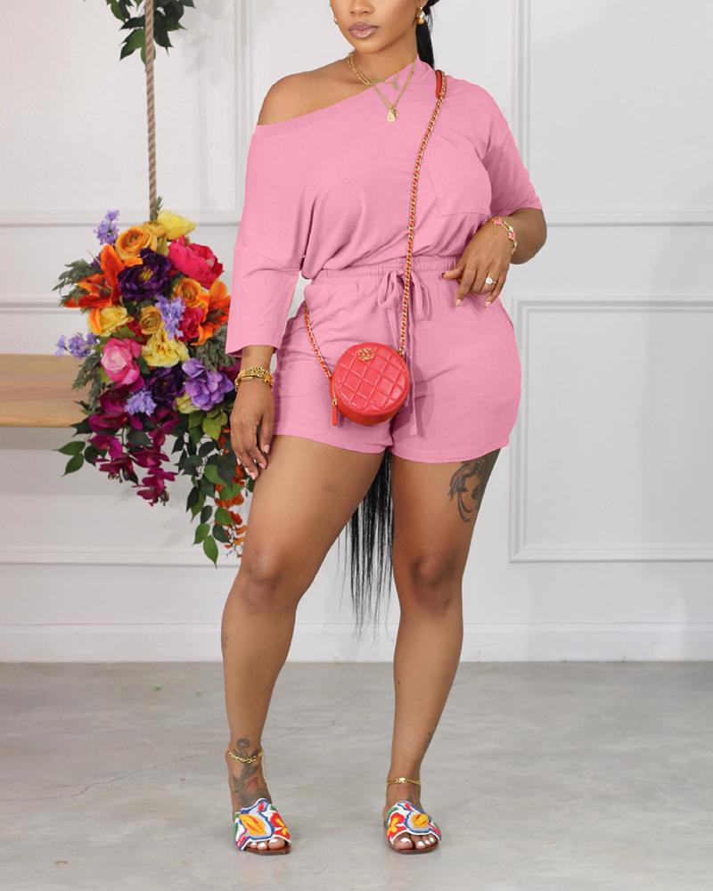 

Skew Neck Top & Drawstring Shorts Set, Pink