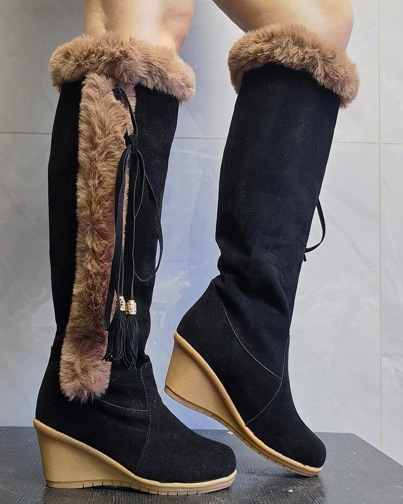 

Fuzzy Trim Tassel Lined Wedge Boots, Black