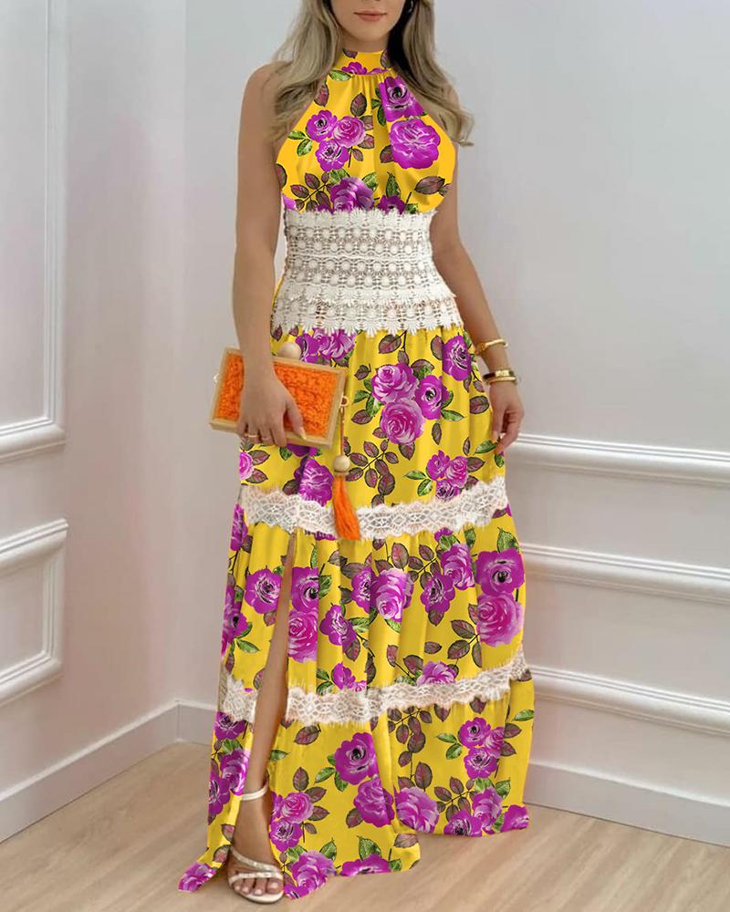 

Contrast Lace Split Hem Floral Print Maxi Dress, Yellow