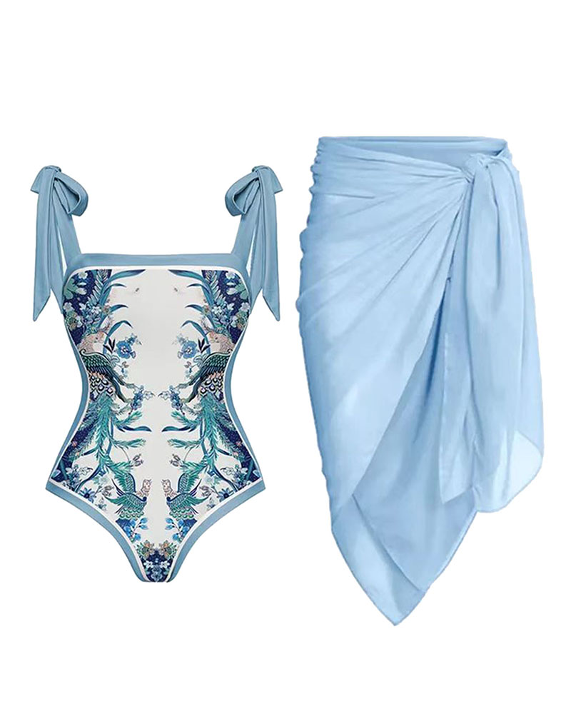 

Vintage Peacock Print One Piece Swimsuit With Cover Up Skirt, Blue