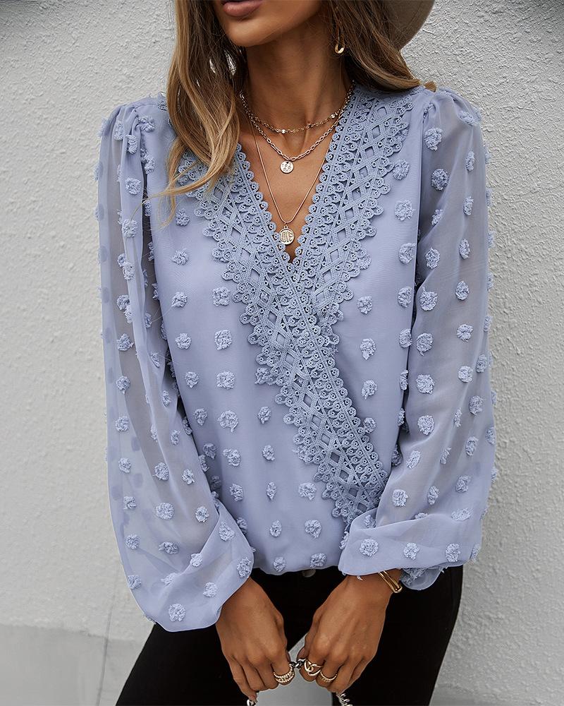 

Swiss Dot Lace Patch Lantern Sleeve Top, Blue
