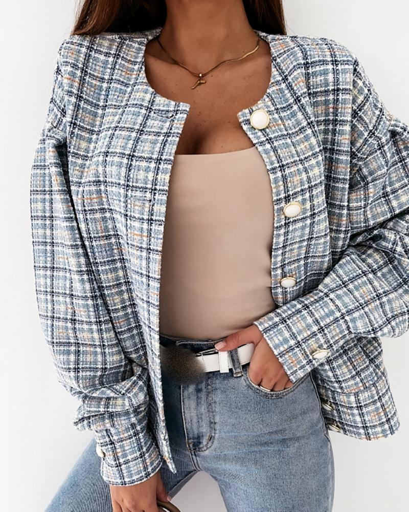 

Plaid Button Front Tweed Lantern Sleeve Coat, Light blue
