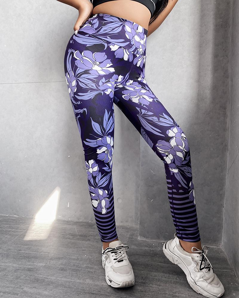 

High Waist Striped Floral Print Butt Lifting Leggings, Purple
