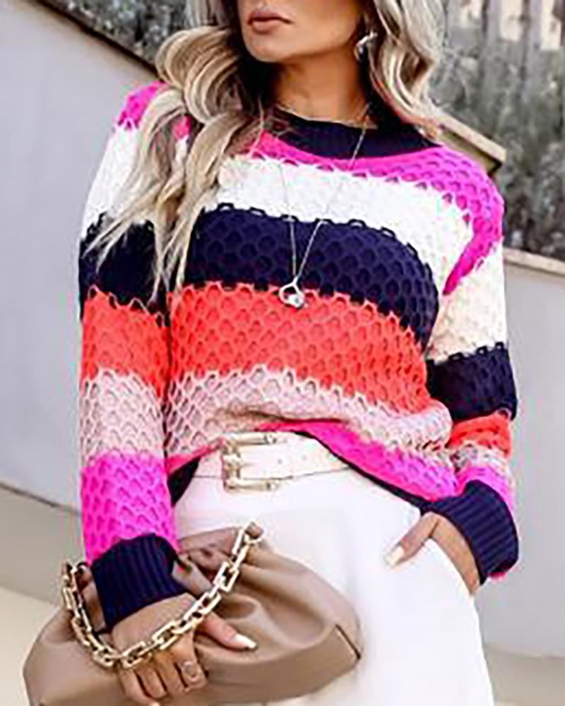 

Long Sleeve Striped Print Cutout Sweater, Style2